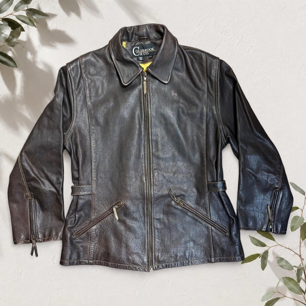 Colebrook & Co Brown Leather Biker Jacket Vintage Distressed L Mens Moto Grunge
